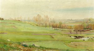 Pastoral Landscape with Light Green Fields; a Waterhole to the Right, Mogenstrup by Laurits Andersen Ring